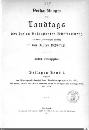 2,133: Landtag Württemberg - Kammer 2, Beilagen 1920-1921, Bd. 1