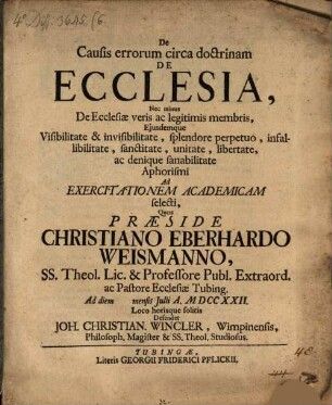 De causis errorum circa doctrinam de ecclesia ... aphorismi ...