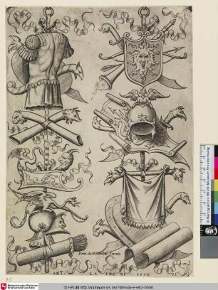 [Deux trophées, dont le premier offre en haut une cuirasse; Two Trophies with a Cuirass at upper left; Trophäe mit einem Brustpanzer]