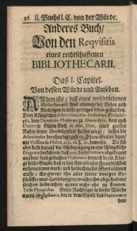 Anderes Buch/ Von den Requisitis eines rechtschaffenen Bibliothecarii.