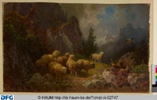 Gebirgslandschaft mit Schafherde und Adler