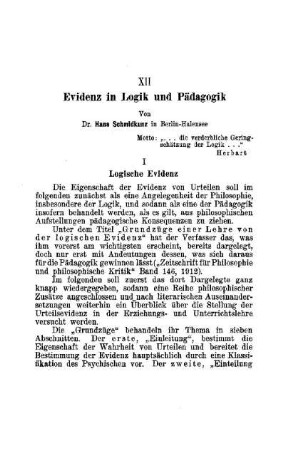 Evidenz in Logik und Pädagogik : (Schluss folgt im Jahrbuch 1914)