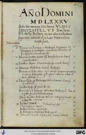[fol. 2] Rektorat Ulrich Holzapfel 1585