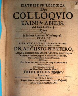 Diatribe Philologica De Colloqvio Kaini & Abelis : Ad Gen. C. IV. v. 8.