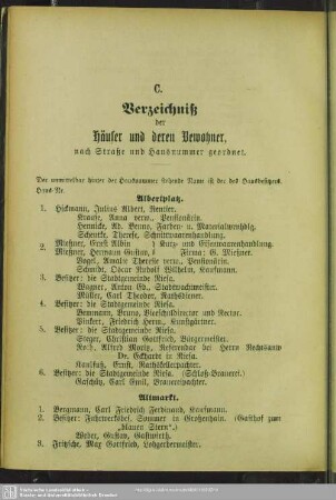C. Häuserbuch : C. Verzeichniß der Häuser und deren Bewohner, nach Straße und Hausnummer geordnet