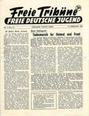 Mitteilungsblatt der Jugendorganisation der deutschen Emigranten in Großbritannien "Freie Tribüne" u.a. zur Schlacht um Stalingrad