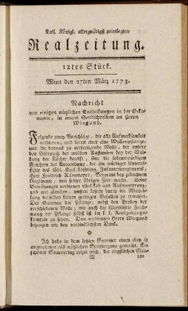 12tes Stück. Wien den 27ten März 1773.