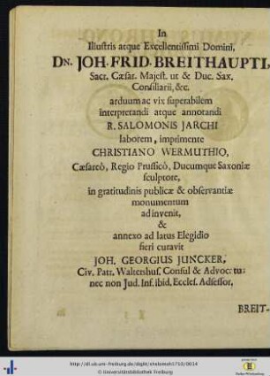In Illustris atque Excellentissimi Domini, Dn. Joh. Frid. Breithaupti …