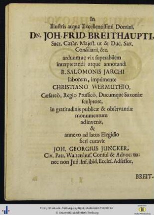 In Illustris atque Excellentissimi Domini, Dn. Joh. Frid. Breithaupti …