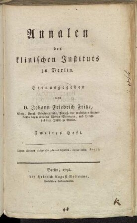 2.1792: Annalen des Klinischen Instituts zu Berlin