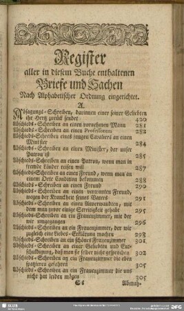 Register aller in diesem Buche enthaltenen Briefe und Sachen Nach Alphabetischer Ordnung eingerichtet