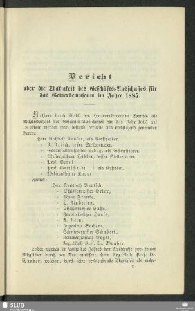 Bericht über die Thätigkeit des Geschäfts-Ausschusses für das Gewerbemuseum im Jahre 1885