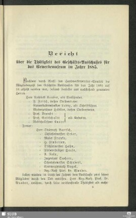 Bericht über die Thätigkeit des Geschäfts-Ausschusses für das Gewerbemuseum im Jahre 1885