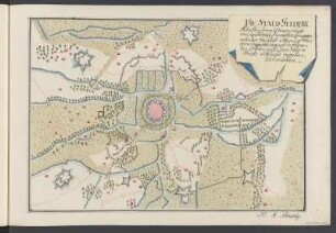 Umgebungskarte von Geldern, Federzeichnung, bis 1803 : Band 2: Seite 10: Die Stadt Geldern : Mit allen ihren Werken wie sie von den Königl. Preußischen Trouppen unter den Gen. Lieut. Lottum den 20ten April 1703 eingeschloßen, und in folgenden Octbr. unter den Herrn Oberst. Sehlund bombardirt wurde / H. A. Proewig. - [S.l.]. - 1 Karte ; Handzeichnung, koloriert, 20 x 28 cm