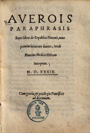 Averois paraphrasis super libros de republica Platonis