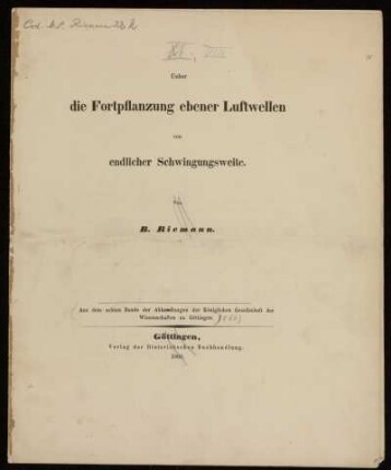Ueber die Fortpflanzung ebener Luftwellen von endlicher Schwingungsweite, Göttingen, 1860