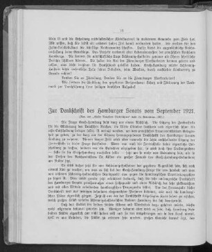 Zur Denkschrift des Hamburger Senats vom September 1921.