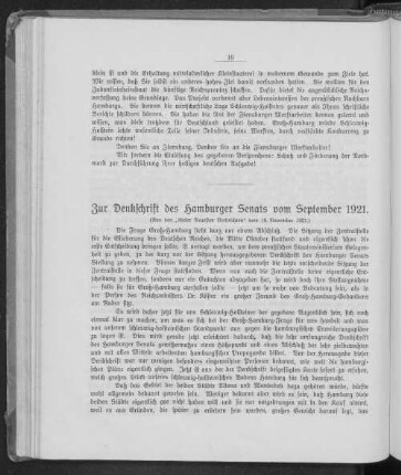 Zur Denkschrift des Hamburger Senats vom September 1921.