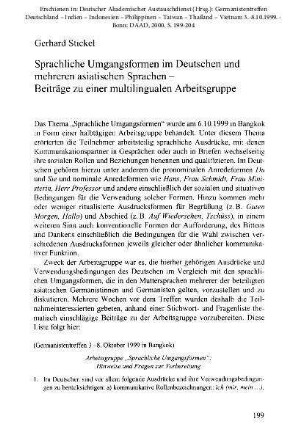 Sprachliche Umgangsformen im Deutschen und mehreren asiatischen Sprachen - Beiträge zu einer multilingualen Arbeitsgruppe