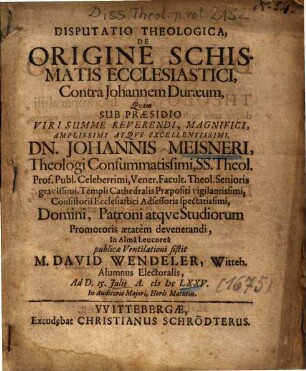 Disputatio Theologica, De Origine Schismatis Ecclesiastici, Contra Johannem Duraeum