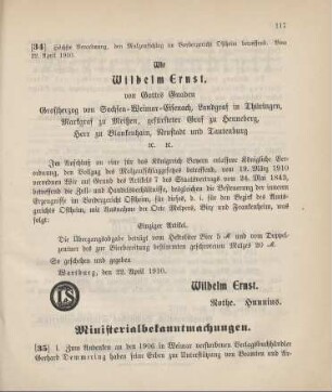 Nr. 35: Ministerialbekanntmachung, betreffend Genehmigung der Gerhard Demmering- und -Albert Hartung-Stiftung in Weimar