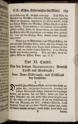 Das XI. Capitel. Von den heiligen Sacramenten: Nemlich Tauffe und Abendmahl; [...]