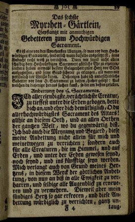 Das sechste Myrrhen-Gärtlein, Gepflantzt mit anmuthigen Gebetteren zum Hochwürdigen Sacrament