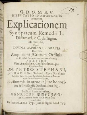 Disputatio Inauguralis continens Explicationem Synopticam Remedii L. Diffamari. 5. C. de Ingen. Manumissis