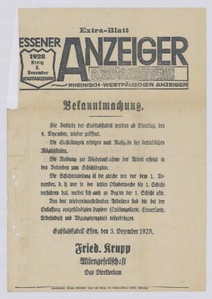 "Bekanntmachung. Die Betriebe der Gußstahlfabrik werden ab Dienstag, den 4. Dezember, wieder geöffnet."