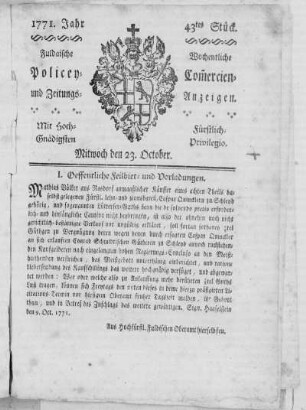 43tes Stück, Ausgabe vom 23. October 1771