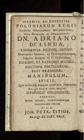 Widmung an Adrianus de Linda