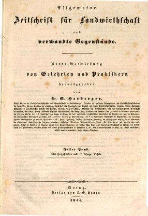 Allgemeine Zeitschrift für Landwirthschaft und verwandte Gegenstände. 1, 1. 1844