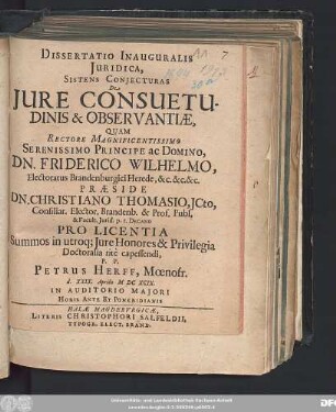 Dissertatio Inauguralis Iuridica, Sistens Coniecturas De Iure Consuetudinis & Observantiae