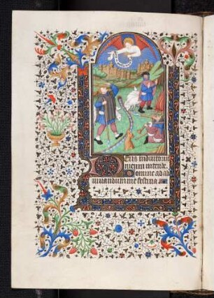 Bordüren-Miniatur-Seite: (Marienoffizium: Terz) Verkündigung an die Hirten; Zierinitiale: D(eus indiutorium meum intende)