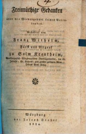 Freimüthige Gedanken über die Wiedergeburt seines Vaterlandes