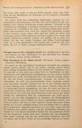 227-231 [Rezension] Spoerri, Theophil, Der verborgene Pascal