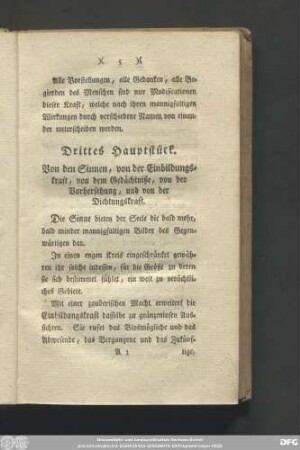 Drittes Hauptstück. Von den Sinnen, von der Einbildungskraft, von dem Gedächtniße, von der Vorhersehung, und von der Dichtungskraft.