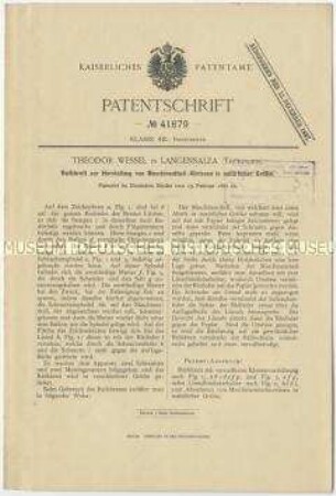 Patentschrift eines Reißbrettes zur Herstellung von MaschinenteilAbrissen in natürlicher Größe, Patent-Nr. 41679