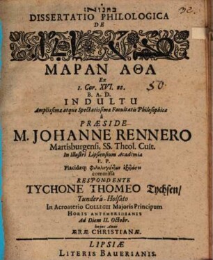Dissertatio Philologica De [...] Maran Atha : Ex 1. Cor. XVI.22.