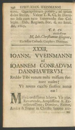 XXXII. Ioann. Weinmanni ad Ioannem Conradum Dannhawerum