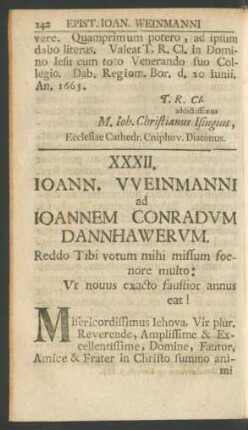 XXXII. Ioann. Weinmanni ad Ioannem Conradum Dannhawerum