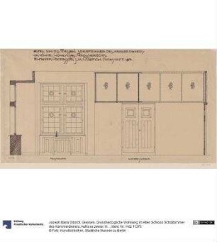 Giessen, Grossherzogliche Wohnung im Alten Schloss Schlafzimmer des Kammerdieners, Aufrisse zweier Wände sowie Schnitte durch Fensternische und Tür