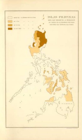 Islas Filipinas. Mapa que demuestra la producción de tabaco en kilógramos por cada hectárea de terreno cultivado