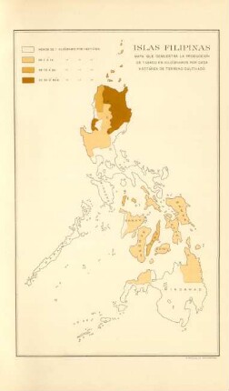 Islas Filipinas. Mapa que demuestra la producción de tabaco en kilógramos por cada hectárea de terreno cultivado