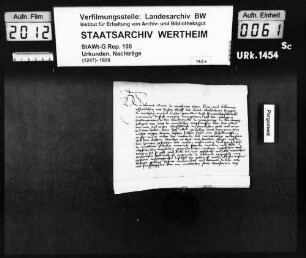 Graf Johann von Wertheim verleiht an Hans Geckenheim, Bürger zu Würzburg, 30 Morgen Weingarten und 4 Morgen Baumgarten in der Sanderau zu Würzburg zu Mannlehen.