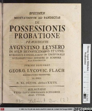 Specimen Meditationvm Ad Pandectas De Possessione Probatione