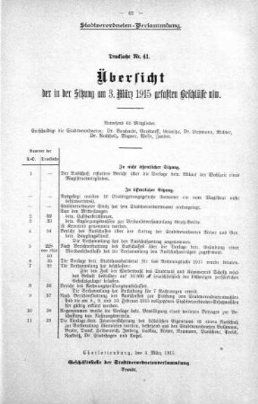 Übersicht der in Sitzung gefaßten Beschlüsse (41), 17. Februar 1915