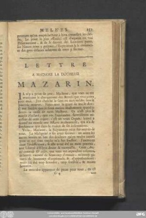 Lettre A Madame La Duchesse Mazarin.