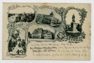 Mehrbildkarte, 5 Motive: Neckaransicht mit Götzenturm, königliches Gymnasium, Kaiser-Friedrich-Denkmal, Kaiser-Wilhelm-Denkmal, Rathaus