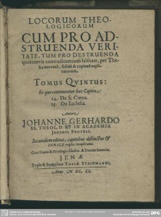 5: In quo continentur haec Capita: 24. De S. Coena. 25. De Ecclesia